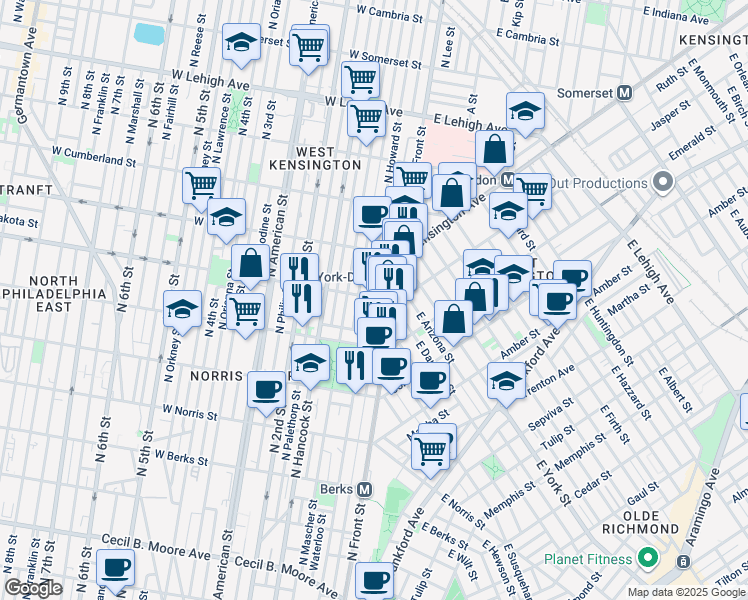 map of restaurants, bars, coffee shops, grocery stores, and more near 2265 North Howard Street in Philadelphia