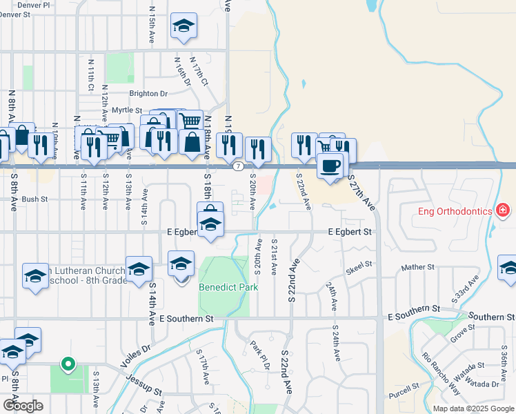 map of restaurants, bars, coffee shops, grocery stores, and more near 100 South 20th Avenue in Brighton