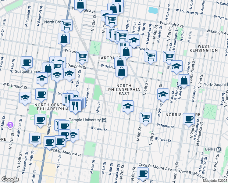map of restaurants, bars, coffee shops, grocery stores, and more near 2155 North Percy Street in Philadelphia