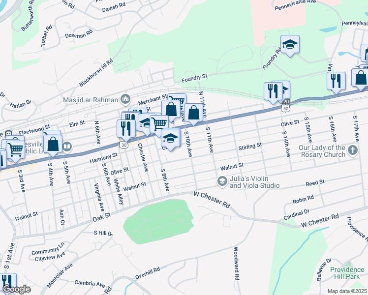map of restaurants, bars, coffee shops, grocery stores, and more near 999 Olive Street in Coatesville