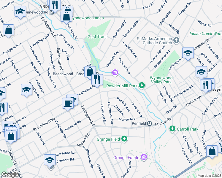 map of restaurants, bars, coffee shops, grocery stores, and more near 624 Lawson Avenue in Havertown