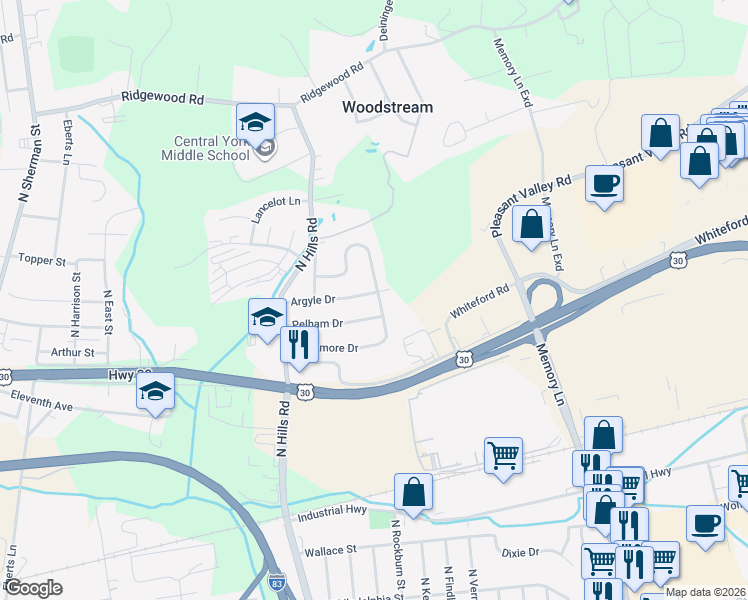 map of restaurants, bars, coffee shops, grocery stores, and more near 1694 San Gabriel Drive in York