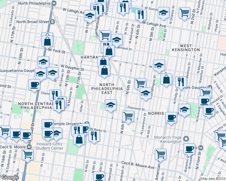 map of restaurants, bars, coffee shops, grocery stores, and more near 2173 North Franklin Street in Philadelphia