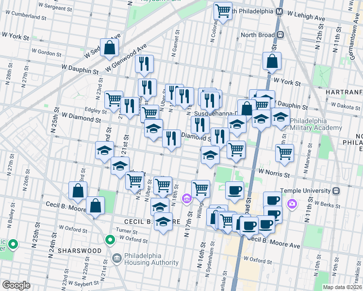 map of restaurants, bars, coffee shops, grocery stores, and more near in Philadelphia