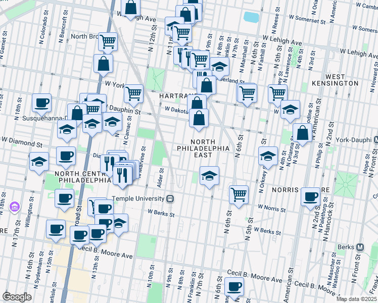 map of restaurants, bars, coffee shops, grocery stores, and more near 2152 North 9th Street in Philadelphia