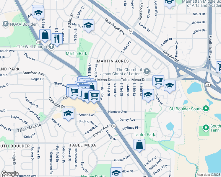 map of restaurants, bars, coffee shops, grocery stores, and more near 550 South 41st Street in Boulder