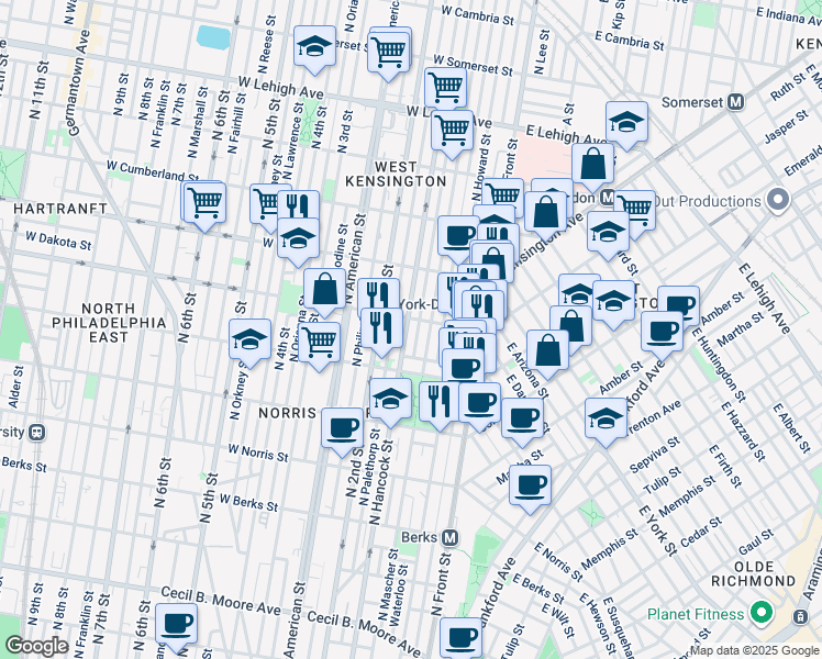 map of restaurants, bars, coffee shops, grocery stores, and more near 2243 North Hancock Street in Philadelphia