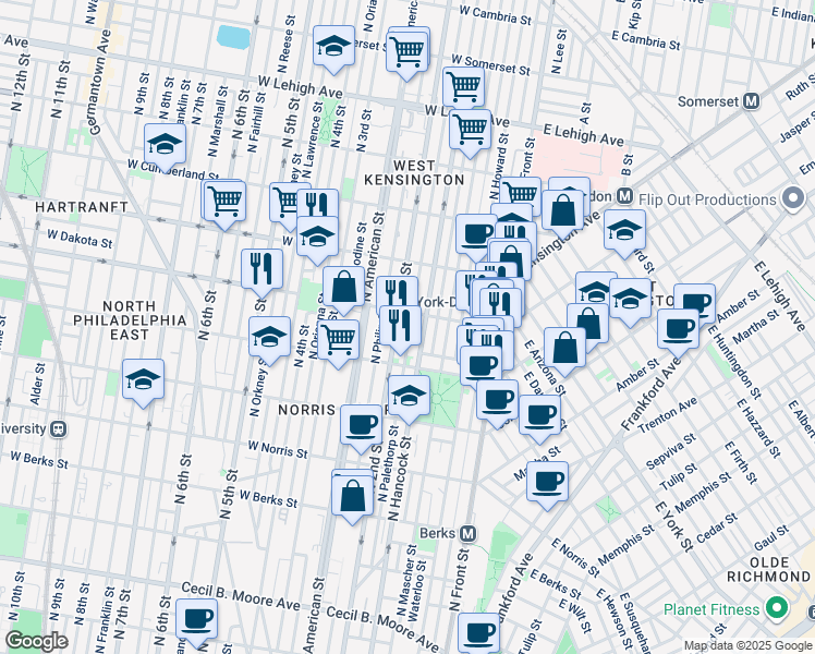 map of restaurants, bars, coffee shops, grocery stores, and more near 2252 North Palethorp Street in Philadelphia