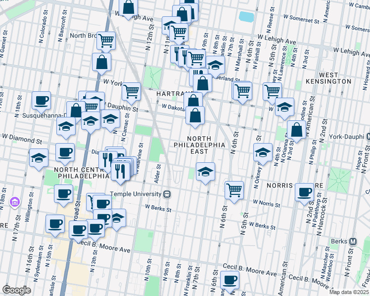 map of restaurants, bars, coffee shops, grocery stores, and more near 2152 North 9th Street in Philadelphia