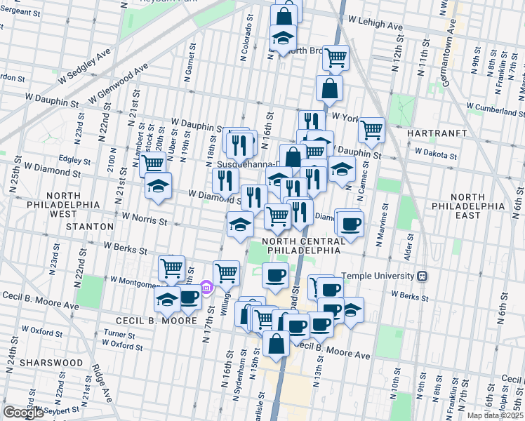 map of restaurants, bars, coffee shops, grocery stores, and more near 1530 West Diamond street in Philadelphia