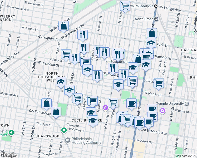 map of restaurants, bars, coffee shops, grocery stores, and more near in Philadelphia