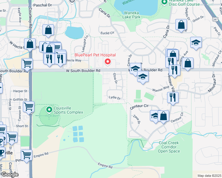 map of restaurants, bars, coffee shops, grocery stores, and more near 1402 Etna Drive in Lafayette