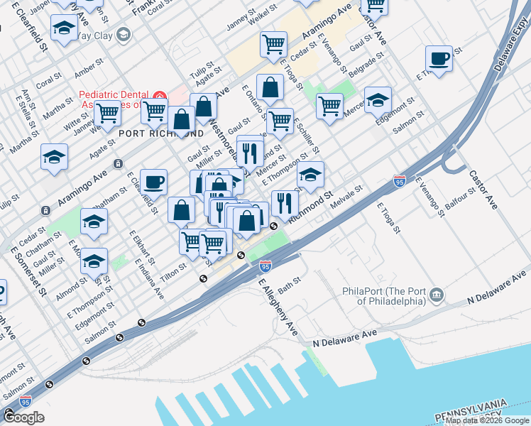 map of restaurants, bars, coffee shops, grocery stores, and more near 2656 East Westmoreland Street in Philadelphia