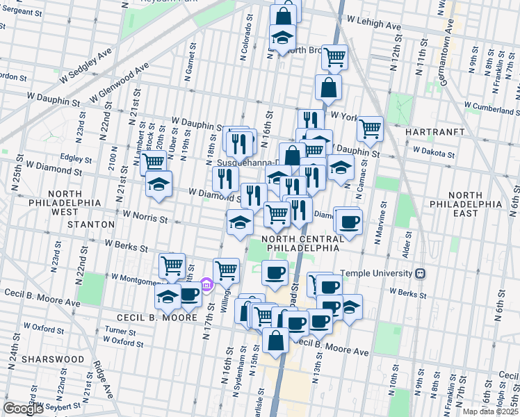 map of restaurants, bars, coffee shops, grocery stores, and more near 1534 West Diamond street in Philadelphia