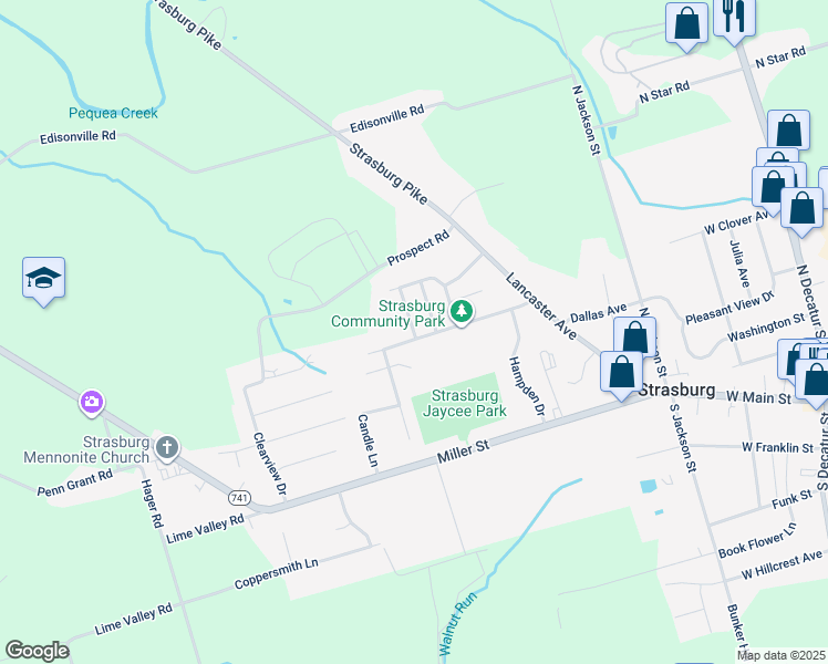 map of restaurants, bars, coffee shops, grocery stores, and more near 212 Black Horse Drive in Strasburg