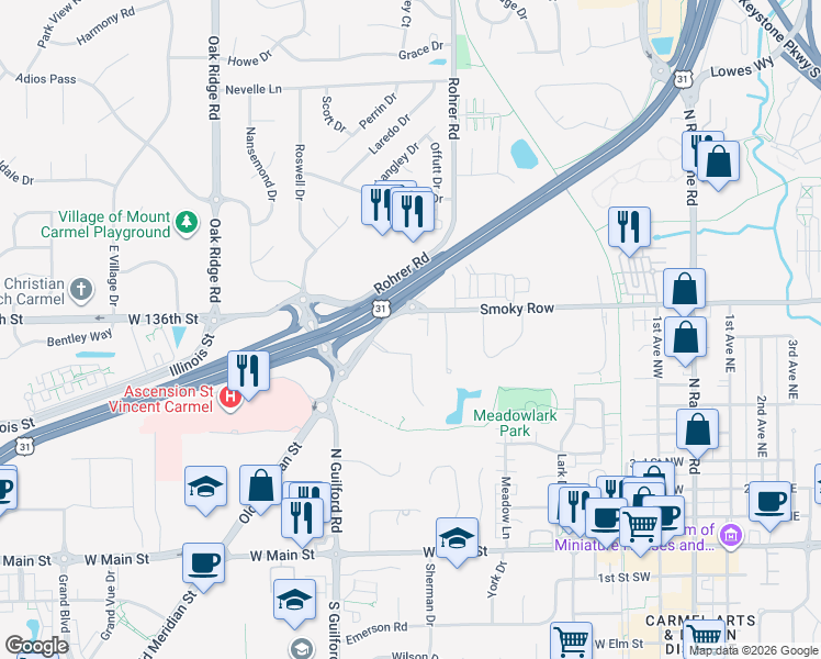 map of restaurants, bars, coffee shops, grocery stores, and more near 689 Pro-Med Lane in Carmel
