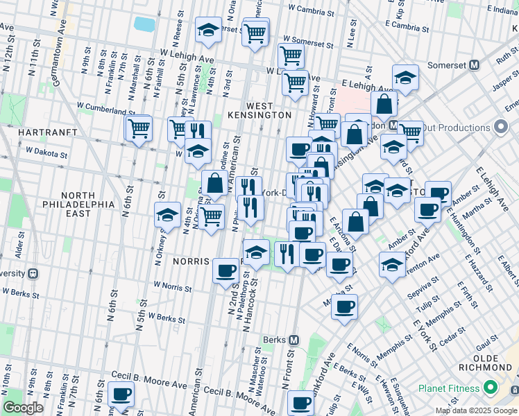 map of restaurants, bars, coffee shops, grocery stores, and more near 2255 North Palethorp Street in Philadelphia