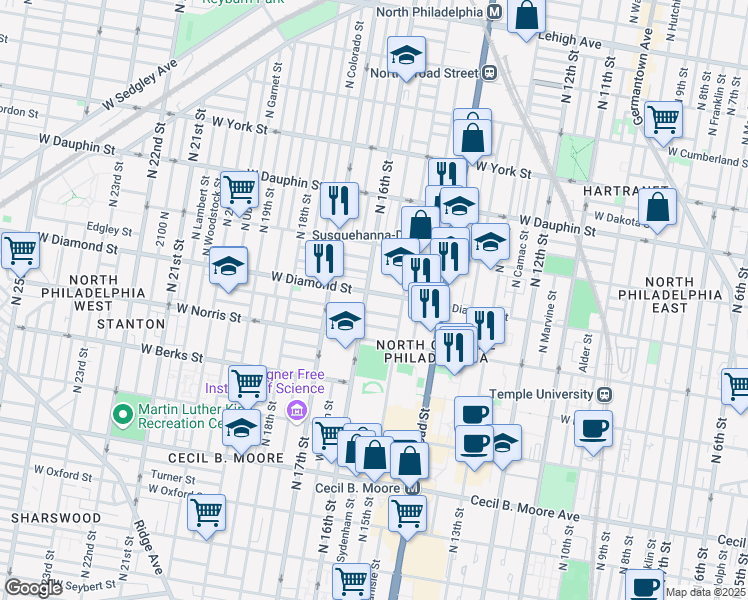 map of restaurants, bars, coffee shops, grocery stores, and more near 1534 West Diamond street in Philadelphia