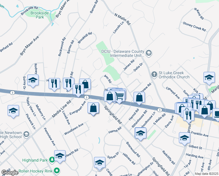 map of restaurants, bars, coffee shops, grocery stores, and more near 2941 Hillside Road in Broomall
