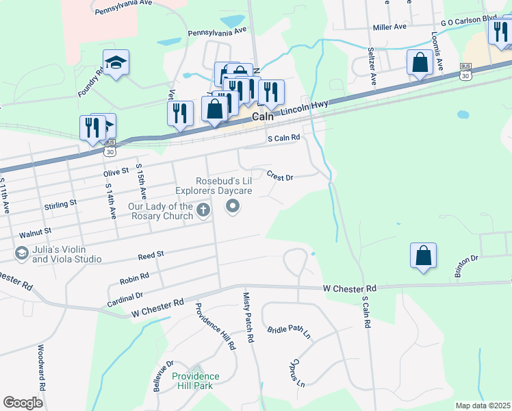 map of restaurants, bars, coffee shops, grocery stores, and more near 324 Andrew Circle in Coatesville