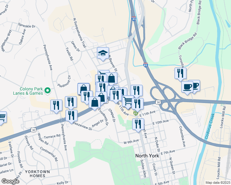 map of restaurants, bars, coffee shops, grocery stores, and more near 130 Wilson Avenue in York