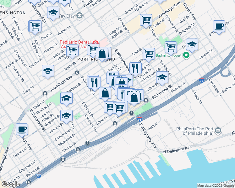 map of restaurants, bars, coffee shops, grocery stores, and more near 2603 East Allegheny Avenue in Philadelphia