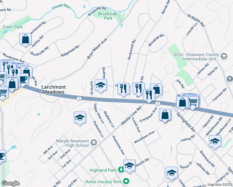 map of restaurants, bars, coffee shops, grocery stores, and more near 1 Radnor Drive in Newtown Square