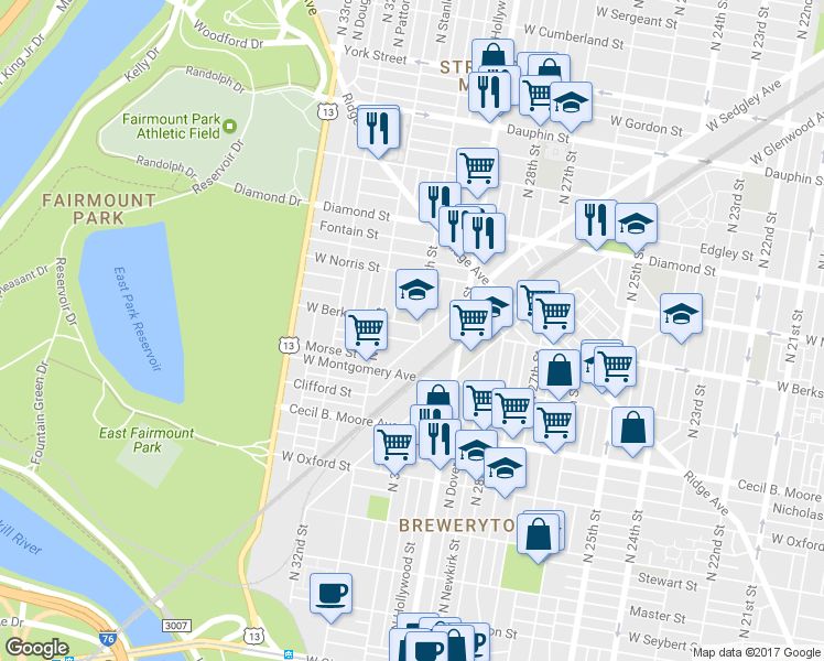 map of restaurants, bars, coffee shops, grocery stores, and more near 3006 West Berks Street in Philadelphia