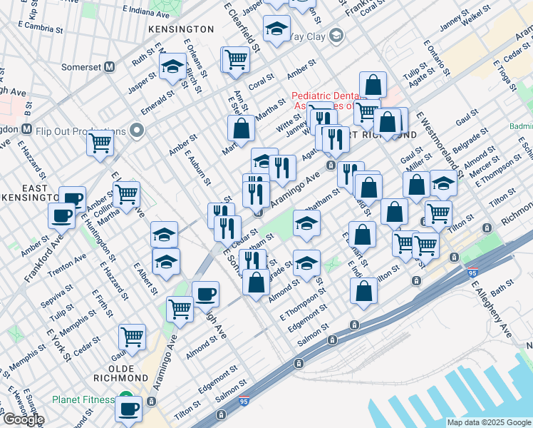 map of restaurants, bars, coffee shops, grocery stores, and more near 2913 Aramingo Avenue in Philadelphia