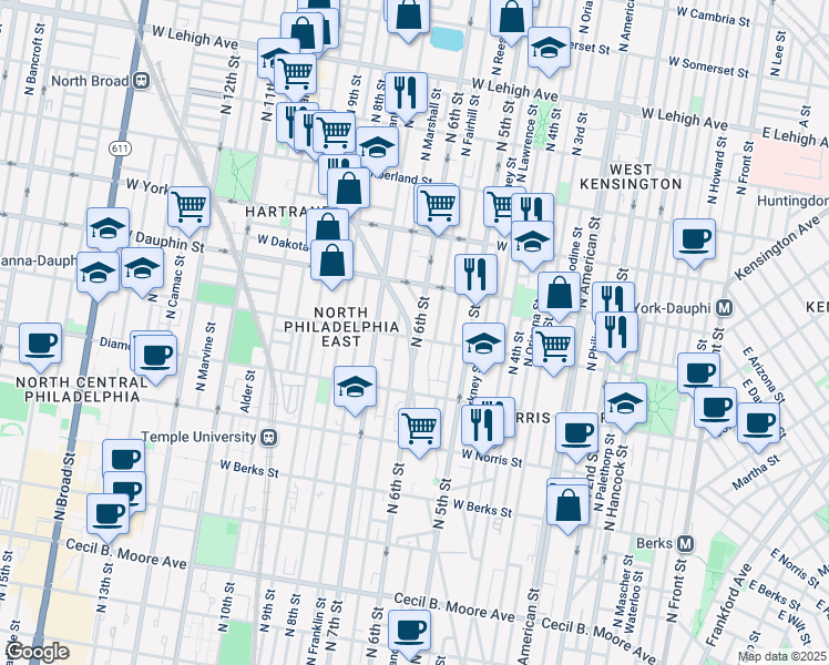 map of restaurants, bars, coffee shops, grocery stores, and more near 601 West Susquehanna Avenue in Philadelphia