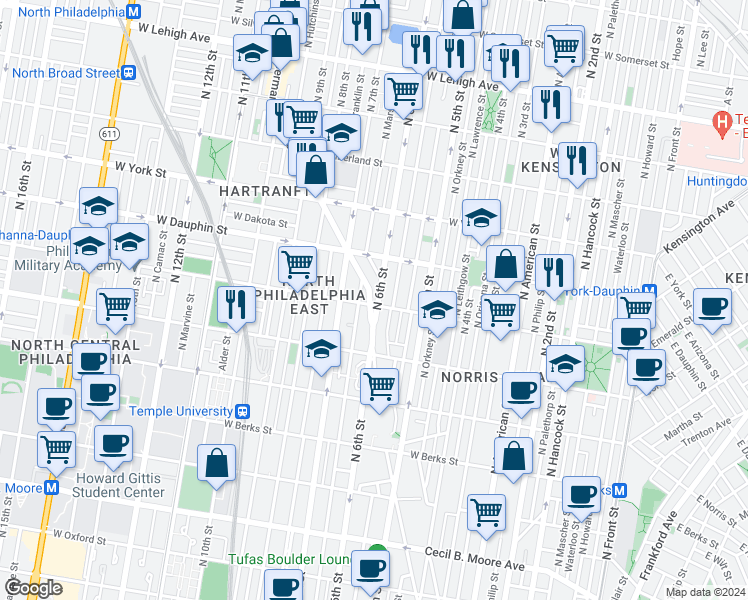 map of restaurants, bars, coffee shops, grocery stores, and more near 601 West Susquehanna Avenue in Philadelphia