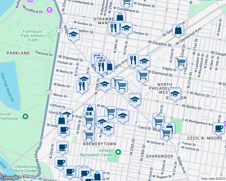 map of restaurants, bars, coffee shops, grocery stores, and more near 1921 North Etting Street in Philadelphia
