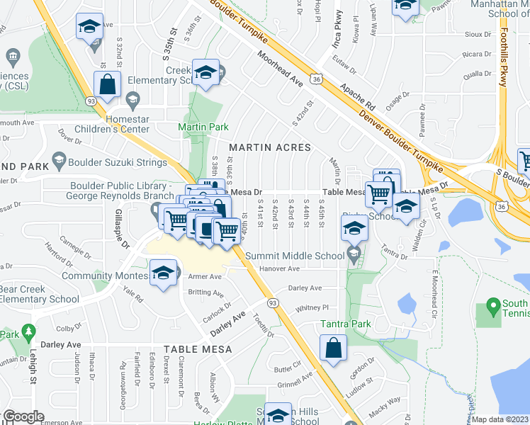 map of restaurants, bars, coffee shops, grocery stores, and more near 520 South 41st Street in Boulder