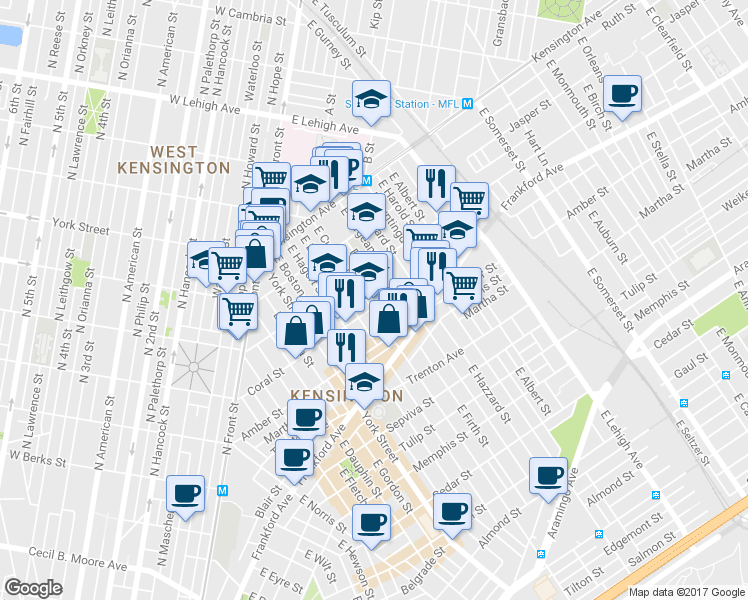 map of restaurants, bars, coffee shops, grocery stores, and more near 2047 East Cumberland Street in Philadelphia