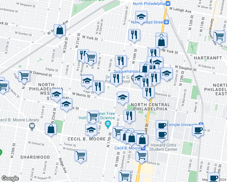 map of restaurants, bars, coffee shops, grocery stores, and more near 1717 Fontain Street in Philadelphia
