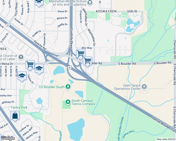 map of restaurants, bars, coffee shops, grocery stores, and more near 5387 Manhattan Circle in Boulder