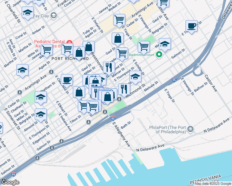 map of restaurants, bars, coffee shops, grocery stores, and more near 3289 Tilton Street in Philadelphia