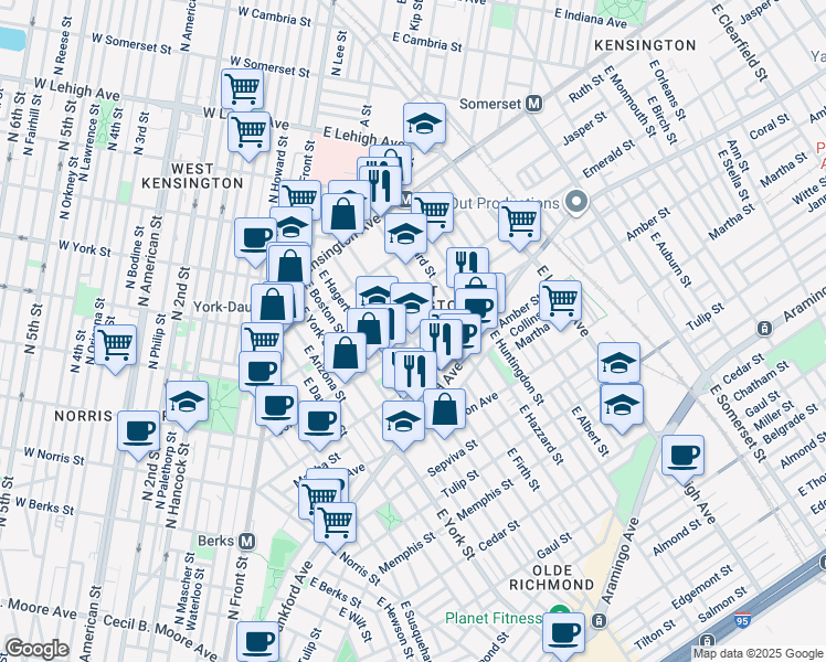 map of restaurants, bars, coffee shops, grocery stores, and more near 2047 East Cumberland Street in Philadelphia