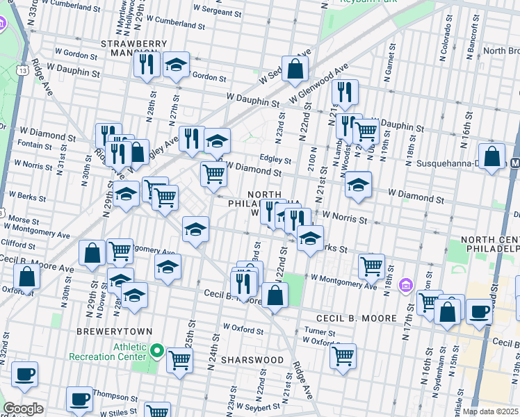 map of restaurants, bars, coffee shops, grocery stores, and more near 1944 North 23rd Street in Philadelphia