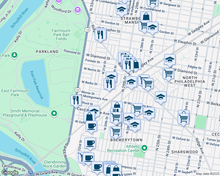 map of restaurants, bars, coffee shops, grocery stores, and more near 3006 West Berks Street in Philadelphia