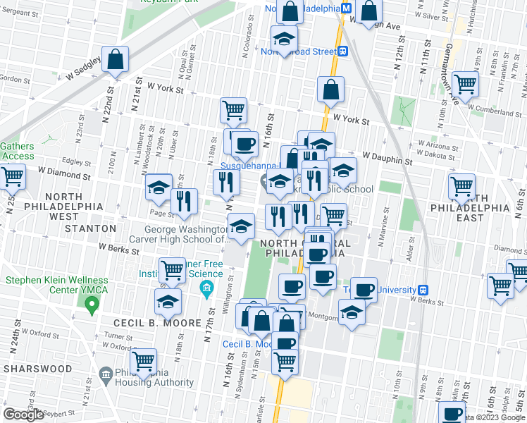 map of restaurants, bars, coffee shops, grocery stores, and more near 1530 West Diamond street in Philadelphia