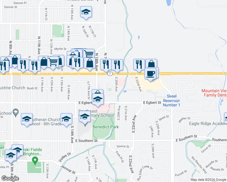 map of restaurants, bars, coffee shops, grocery stores, and more near 80 South 20th Avenue in Brighton