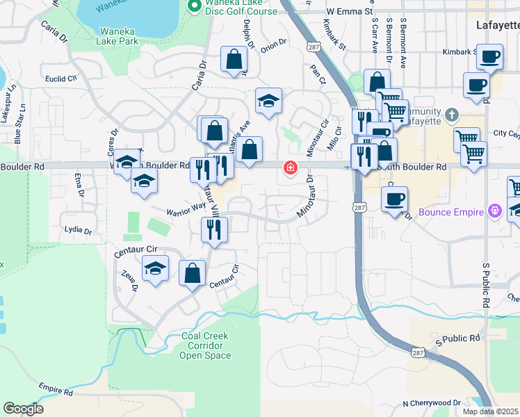 map of restaurants, bars, coffee shops, grocery stores, and more near 1147 James Court in Lafayette