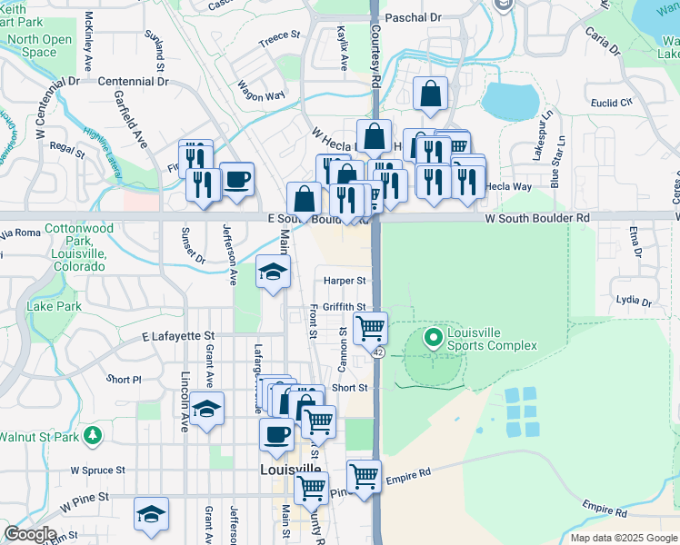 map of restaurants, bars, coffee shops, grocery stores, and more near 1055 Harper Street in Louisville