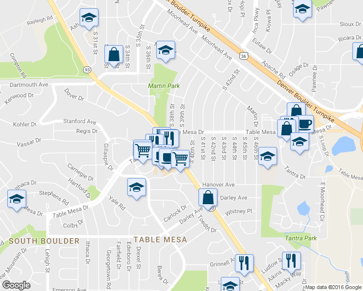 map of restaurants, bars, coffee shops, grocery stores, and more near 600 South Broadway in Boulder