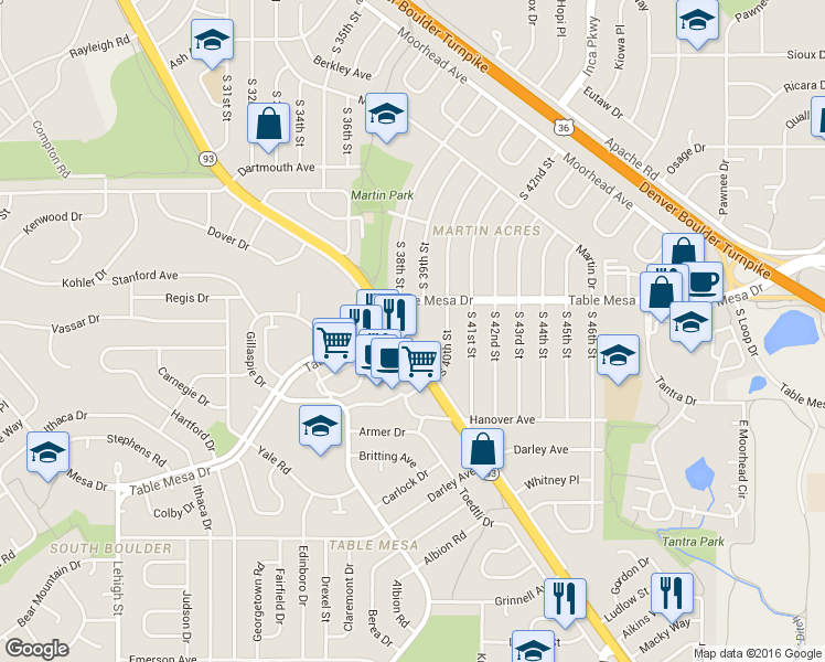 map of restaurants, bars, coffee shops, grocery stores, and more near 600 South Broadway in Boulder