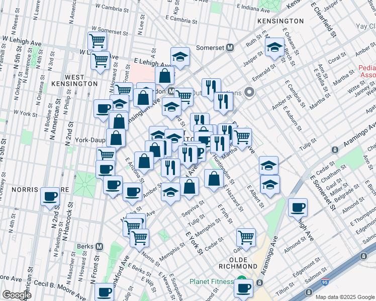 map of restaurants, bars, coffee shops, grocery stores, and more near 2033 East Sergeant Street in Philadelphia