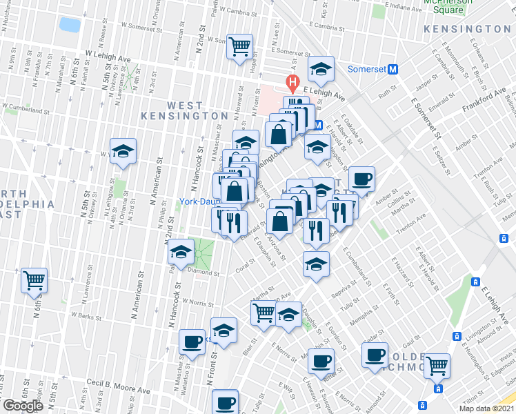 map of restaurants, bars, coffee shops, grocery stores, and more near 1914 East York Street in Philadelphia