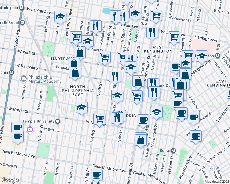 map of restaurants, bars, coffee shops, grocery stores, and more near 2255 North Orkney Street in Philadelphia