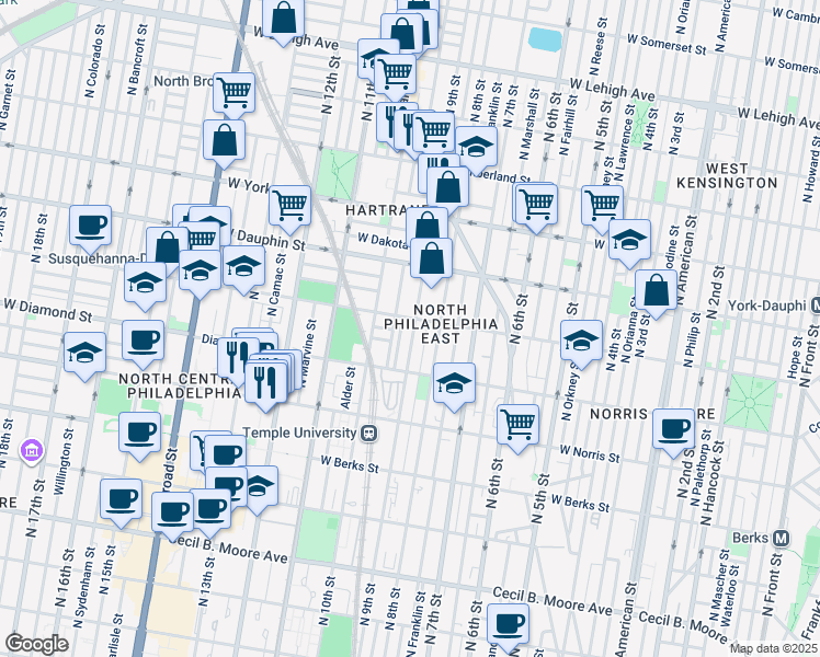 map of restaurants, bars, coffee shops, grocery stores, and more near 2209 North Delhi Street in Philadelphia